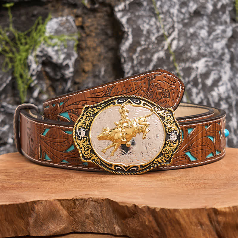 Cintura in pelle con fibbia da cowboy e cavaliere da equitazione western fai da te, oro e nero - Equitazione - Cintura intagliata turchese - 42 - image 3