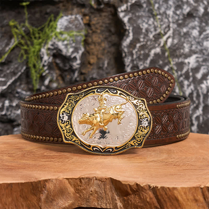 Cintura in pelle con fibbia da cowboy e cavaliere da equitazione western fai da te, oro e nero - Equitazione - Cintura con rivetti marroni - 42 - image 5