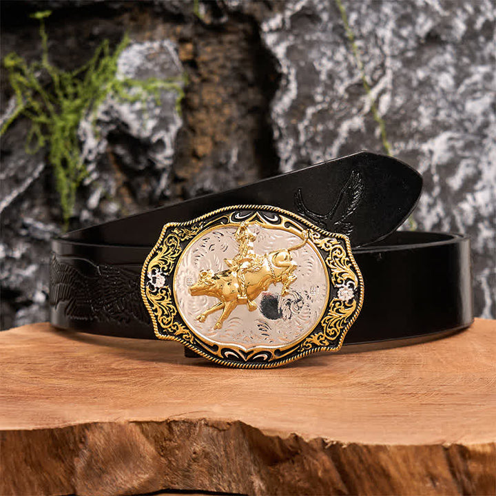 Cintura in pelle con fibbia da cowboy e cavaliere da equitazione western fai da te, oro e nero - Equitazione - Cintura con aquila in rilievo nera - 42 - image 1