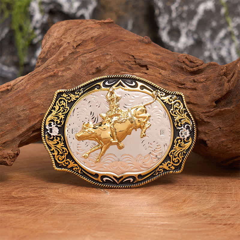 Cintura in pelle con fibbia da cowboy e cavaliere da equitazione western fai da te, oro e nero - Equitazione - Senza cintura - Cintura non inclusa - image 0