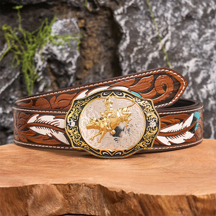 Cintura in pelle con fibbia da cowboy e cavaliere da equitazione western fai da te, oro e nero - Equitazione - Cintura di piume marroni - 40 - image 8