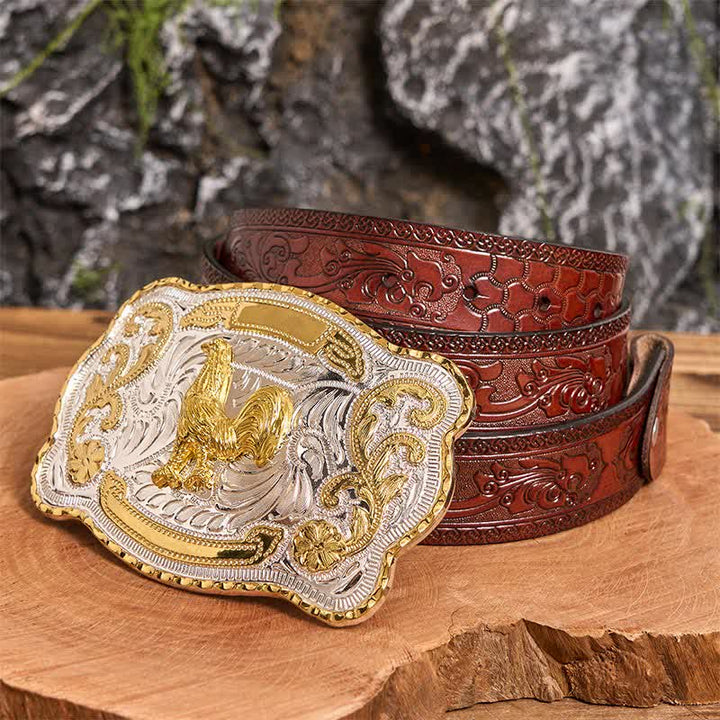 Cintura in pelle con fibbia da cowboy western fai da te Gold Rooster - Gallo - Cintura marrone intagliata - 42 - image 8