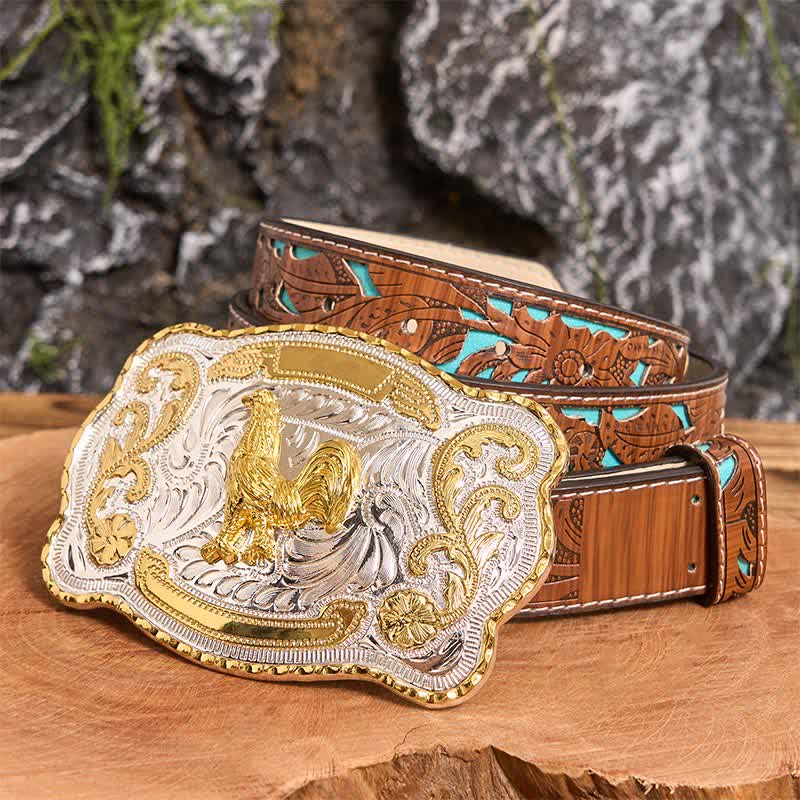 Cintura in pelle con fibbia da cowboy western fai da te Gold Rooster - Gallo - Cintura intagliata turchese - 42 - image 4