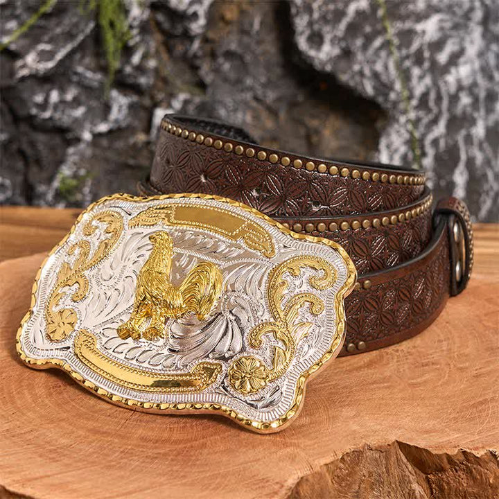 Cintura in pelle con fibbia da cowboy western fai da te Gold Rooster - Gallo - Cintura con rivetti marroni - 42 - image 6
