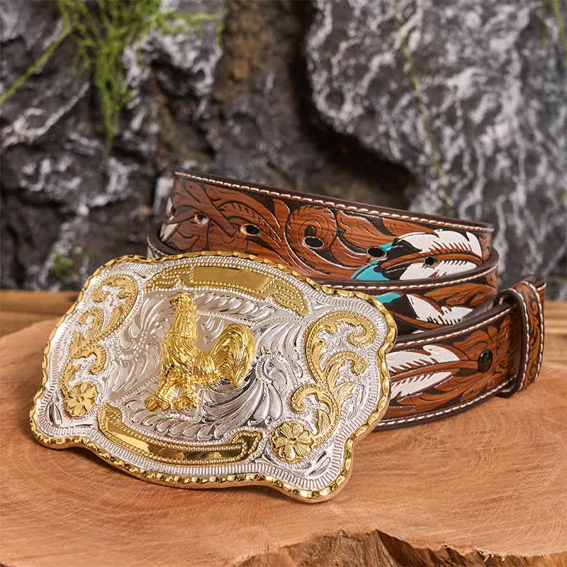 Cintura in pelle con fibbia da cowboy western fai da te Gold Rooster - Gallo - Cintura di piume marroni - 40 - image 9