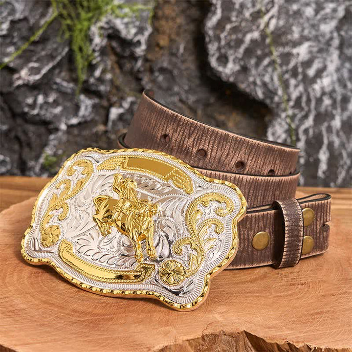 Cintura in pelle con fibbia da cowboy western fai da te per equitazione in oro - equitazione - Cintura marrone anticata - 42 - image 7