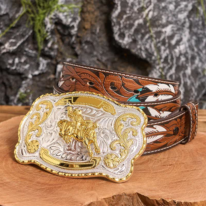 Cintura in pelle con fibbia da cowboy western fai da te per equitazione in oro - equitazione - Cintura di piume marroni - 40 - image 9