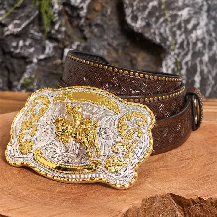 Cintura in pelle con fibbia da cowboy western fai da te per equitazione in oro - equitazione - Cintura con rivetti marroni - 42 - image 6