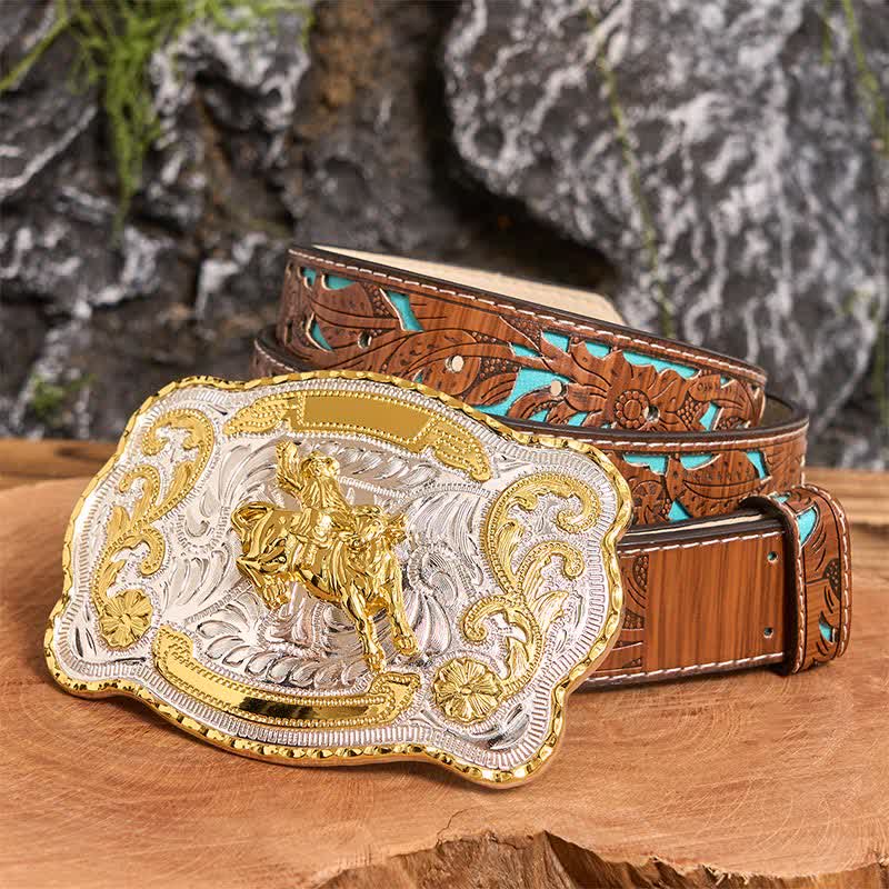 Cintura in pelle con fibbia da cowboy western fai da te per equitazione in oro - equitazione - Cintura intagliata turchese - 42 - image 4