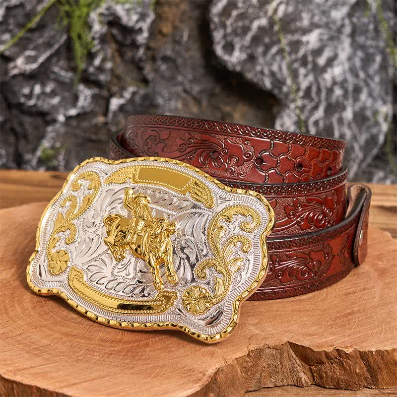 Cintura in pelle con fibbia da cowboy western fai da te per equitazione in oro - equitazione - Cintura marrone intagliata - 42 - image 7