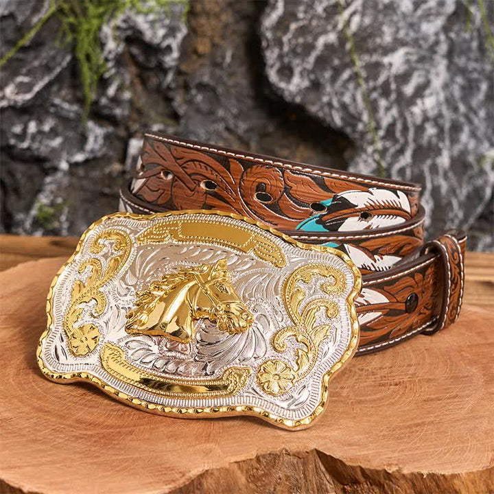 Cintura in pelle con fibbia da cowboy western fai da te con testa di cavallo dorata - Testa di cavallo - Cintura di piume marroni - 40 - image 8
