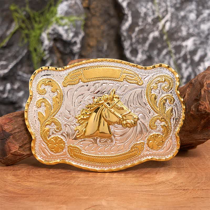 Cintura in pelle con fibbia da cowboy western fai da te con testa di cavallo dorata - Testa di cavallo - Senza cintura - Cintura non inclusa - image 1