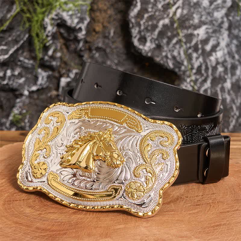Cintura in pelle con fibbia da cowboy western fai da te con testa di cavallo dorata - Testa di cavallo - Cintura con aquila in rilievo nera - 42 - image 1
