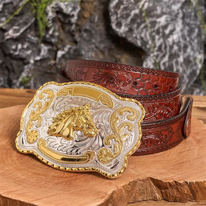 Cintura in pelle con fibbia da cowboy western fai da te con testa di cavallo dorata - Testa di cavallo - Cintura marrone intagliata - 42 - image 6