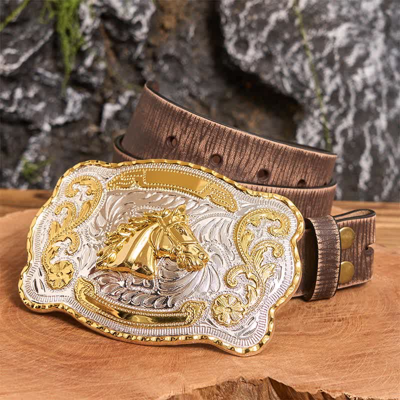 Cintura in pelle con fibbia da cowboy western fai da te con testa di cavallo dorata - Testa di cavallo - Cintura marrone anticata - 42 - image 5