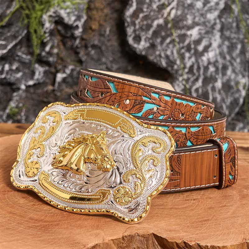 Cintura in pelle con fibbia da cowboy western fai da te con testa di cavallo dorata - Testa di cavallo - Cintura intagliata turchese - 42 - image 3