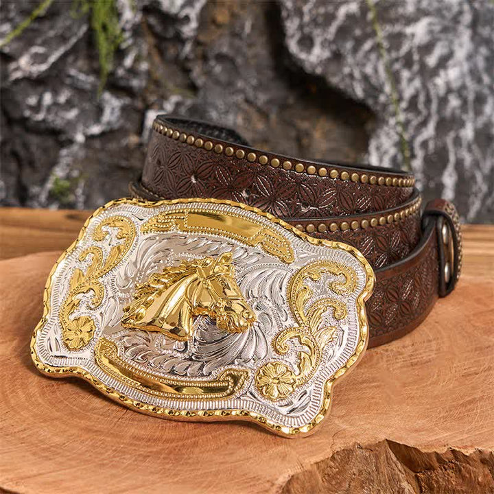 Cintura in pelle con fibbia da cowboy western fai da te con testa di cavallo dorata - Testa di cavallo - Cintura con rivetti marroni - 42 - image 5