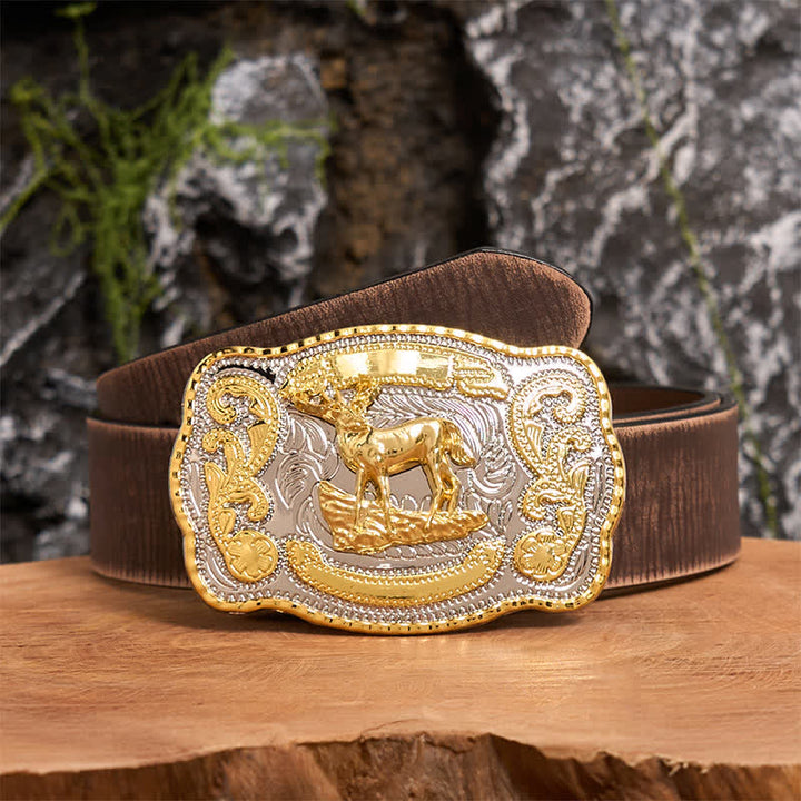 Cintura in pelle con fibbia da cowboy western fai da te Gold Deer - Cervo - Cintura marrone anticata - 42 - image 6
