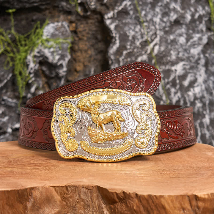 Cintura in pelle con fibbia da cowboy western fai da te Gold Deer - Cervo - Cintura marrone intagliata - 42 - image 8