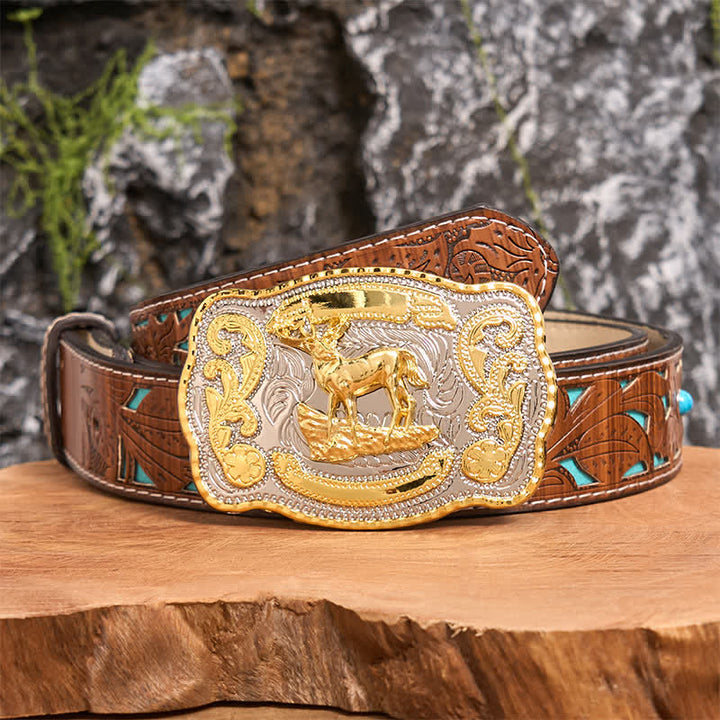 Cintura in pelle con fibbia da cowboy western fai da te Gold Deer - Cervo - Cintura intagliata turchese - 42 - image 5