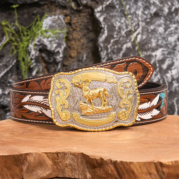 Cintura in pelle con fibbia da cowboy western fai da te Gold Deer - Cervo - Cintura di piume marroni - 40 - image 9