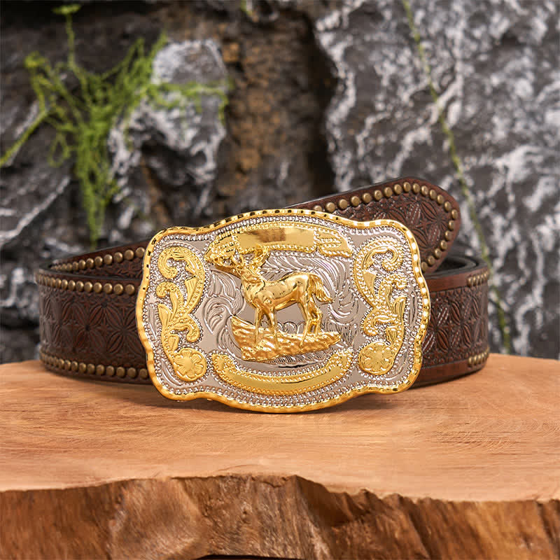 Cintura in pelle con fibbia da cowboy western fai da te Gold Deer - Cervo - Cintura con rivetti marroni - 42 - image 5