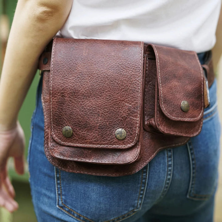 Borsa unisex retrò in pelle con bottone porta-telefono - Marrone - image 8