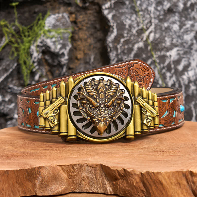 Cintura in pelle con fibbia girevole fai da te in bronzo con drago dal becco affilato - Drago dal becco affilato - Cintura intagliata turchese - 42 - image 4