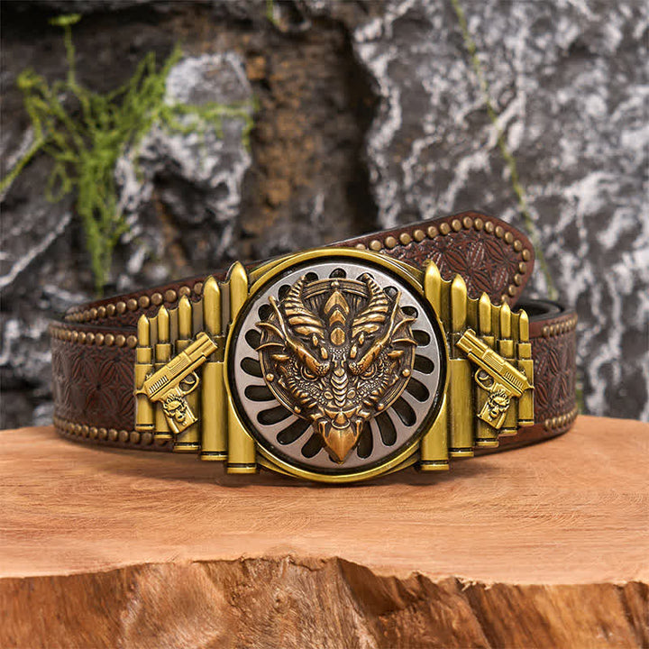 Cintura in pelle con fibbia girevole fai da te in bronzo con drago dal becco affilato - Drago dal becco affilato - Cintura con rivetti marroni - 42 - image 4
