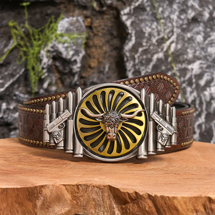 Cintura in pelle con fibbia girevole fai da te a forma di testa di toro in argento occidentale - Testa di toro - Cintura con rivetti marroni - 42 - image 5