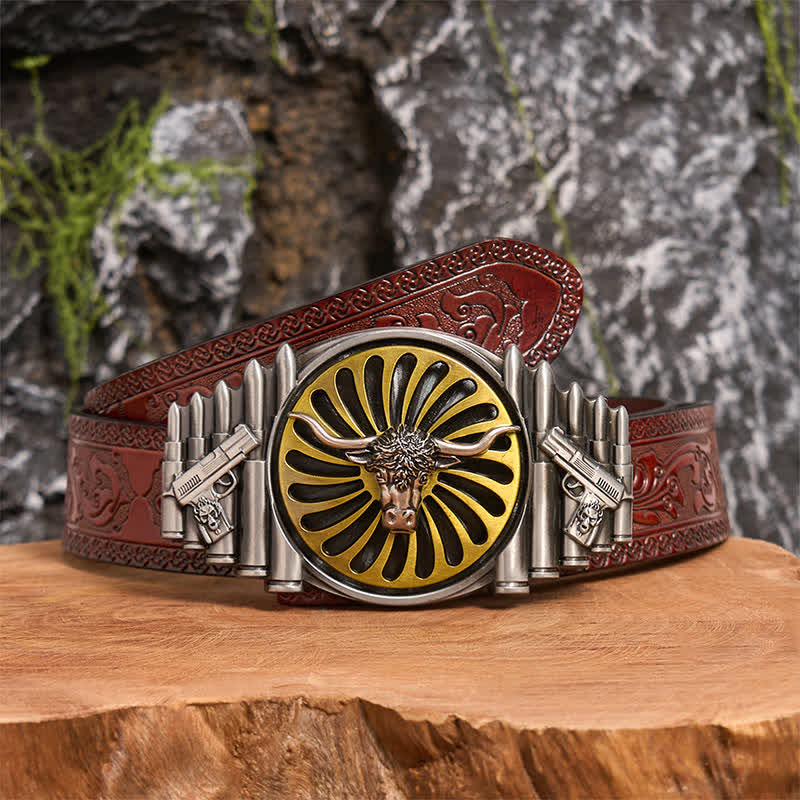 Cintura in pelle con fibbia girevole fai da te a forma di testa di toro in argento occidentale - Testa di toro - Cintura marrone intagliata - 42 - image 7