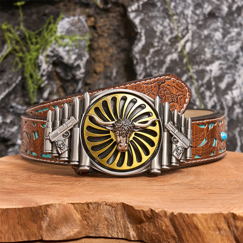 Cintura in pelle con fibbia girevole fai da te a forma di testa di toro in argento occidentale - Testa di toro - Cintura intagliata turchese - 42 - image 4