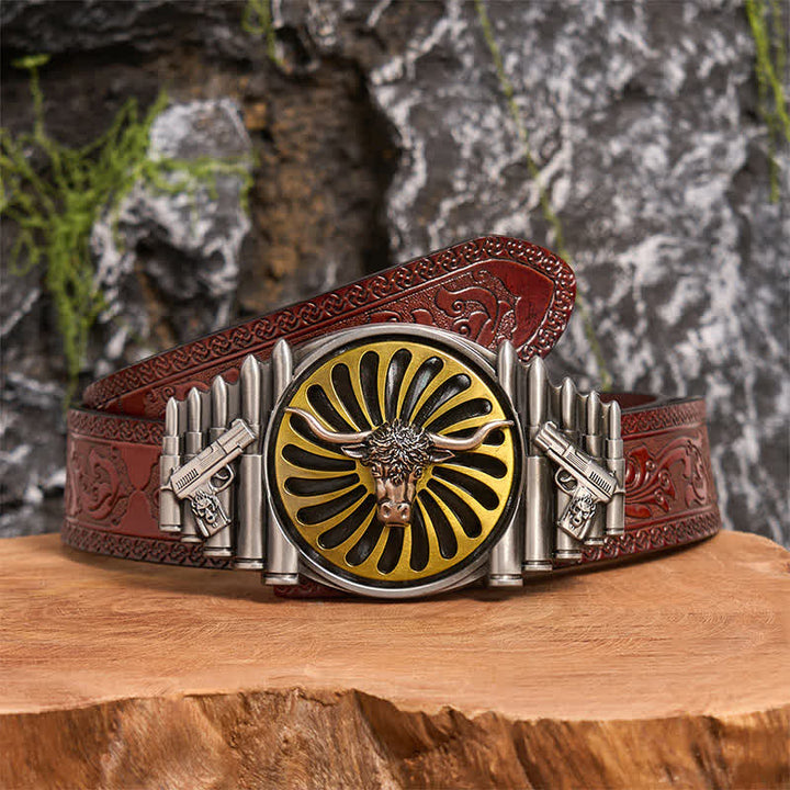 Cintura in pelle con fibbia girevole fai da te a forma di testa di toro in argento occidentale - Testa di toro - Cintura marrone intagliata - 42 - image 6