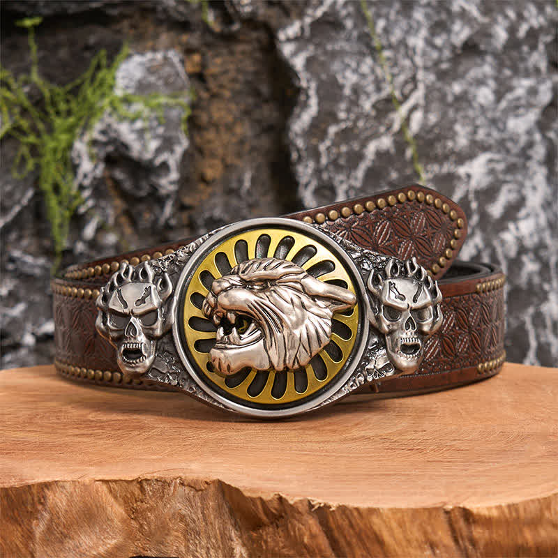 Cintura in pelle con fibbia girevole fai da te con testa di tigre ruggente e teschio d'argento - Testa di tigre - Cintura con rivetti marroni - 42 - image 5
