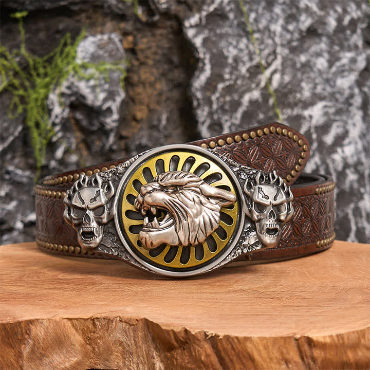 Cintura in pelle con fibbia girevole fai da te con testa di tigre ruggente e teschio d'argento - Testa di tigre - Cintura con rivetti marroni - 42 - image 5
