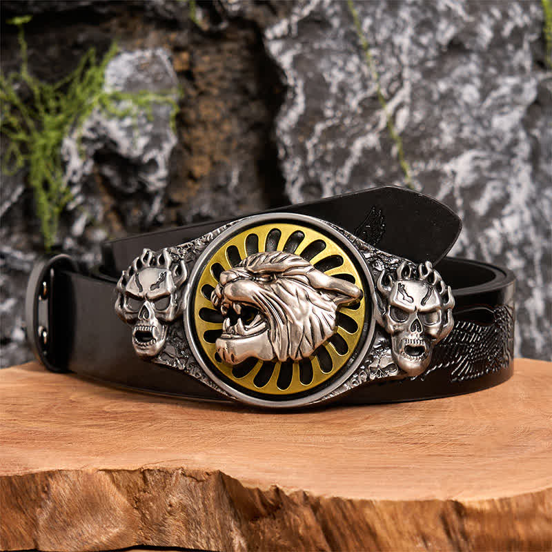 Cintura in pelle con fibbia girevole fai da te con testa di tigre ruggente e teschio d'argento - Testa di tigre - Cintura con aquila in rilievo nera - 42 - image 3