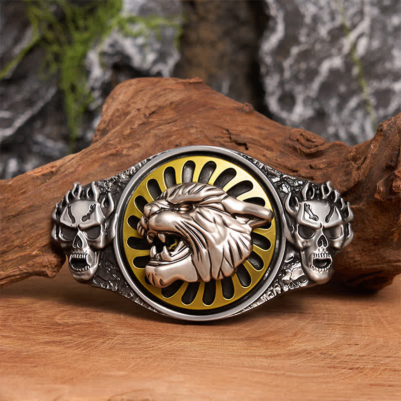 Cintura in pelle con fibbia girevole fai da te con testa di tigre ruggente e teschio d'argento - Testa di tigre - Senza cintura - Cintura non inclusa - image 1