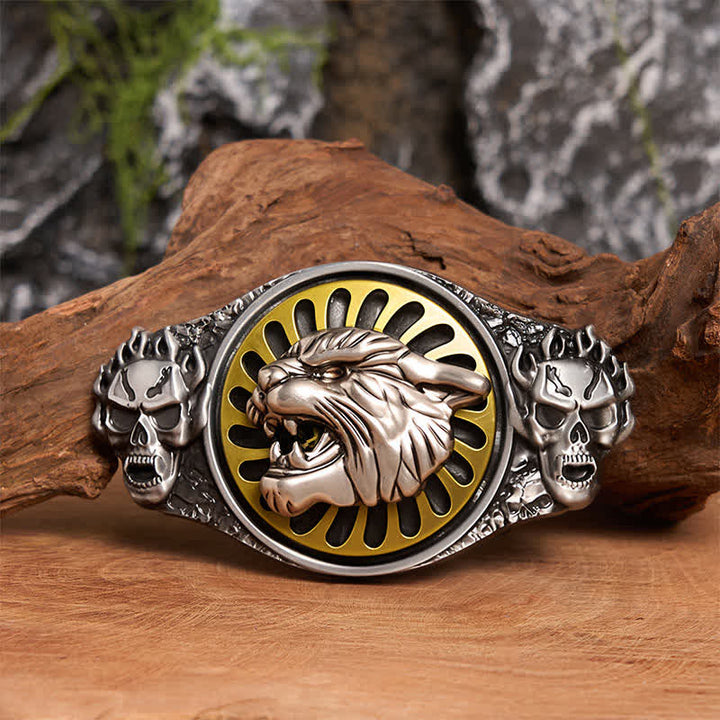 Cintura in pelle con fibbia girevole fai da te con testa di tigre ruggente e teschio d'argento - Testa di tigre - Senza cintura - Cintura non inclusa - image 1