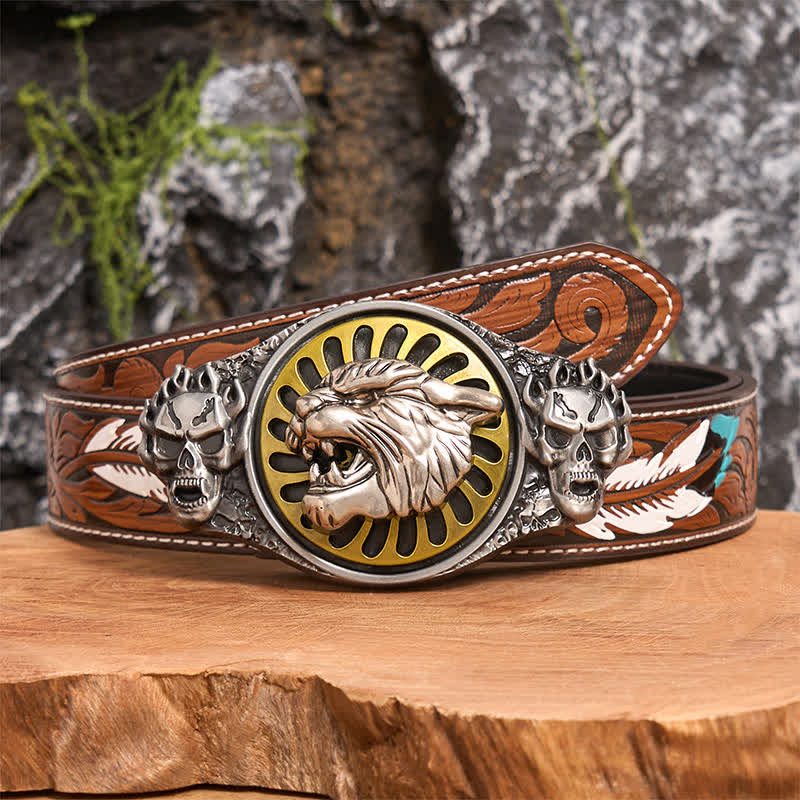 Cintura in pelle con fibbia girevole fai da te con testa di tigre ruggente e teschio d'argento - Testa di tigre - Cintura di piume marroni - 40 - image 6
