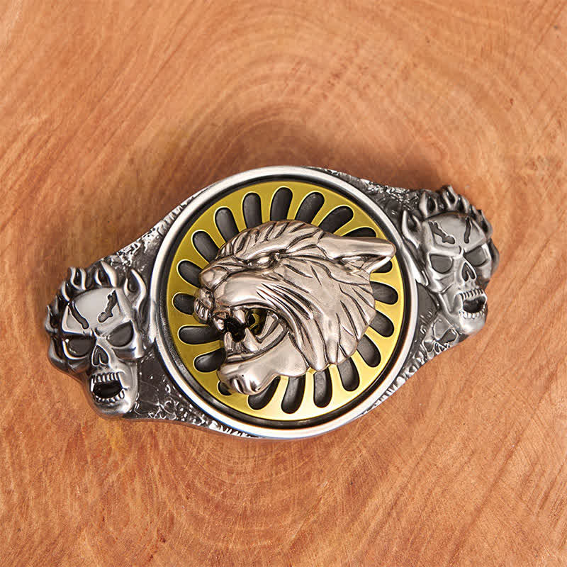 Cintura in pelle con fibbia girevole fai da te con testa di tigre ruggente e teschio d'argento - image 2