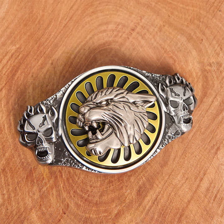 Cintura in pelle con fibbia girevole fai da te con testa di tigre ruggente e teschio d'argento - image 2