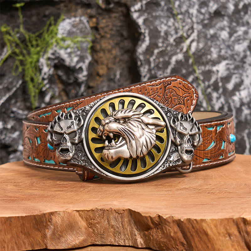 Cintura in pelle con fibbia girevole fai da te con testa di tigre ruggente e teschio d'argento - Testa di tigre - Cintura intagliata turchese - 42 - image 4