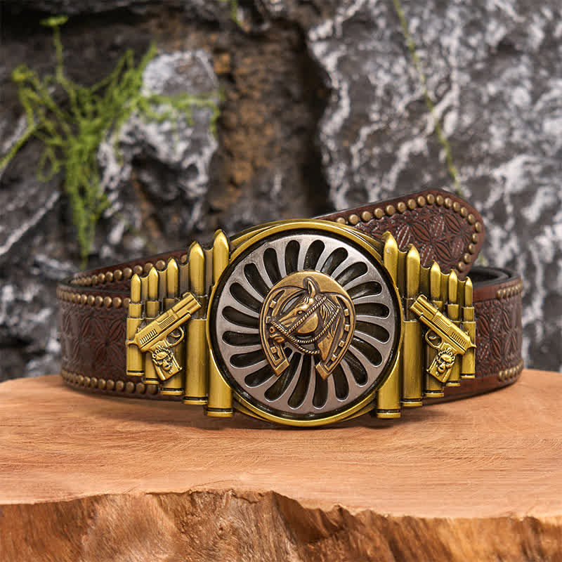 Cintura in pelle con fibbia a forma di ferro di cavallo in bronzo rotante fai da te con motivo a pistola e proiettile - Ferro di cavallo - Cintura con rivetti marroni - 42 - image 5