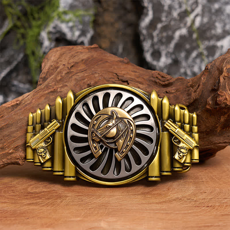Cintura in pelle con fibbia a forma di ferro di cavallo in bronzo rotante fai da te con motivo a pistola e proiettile - Ferro di cavallo - Senza cintura - Cintura non inclusa - image 1