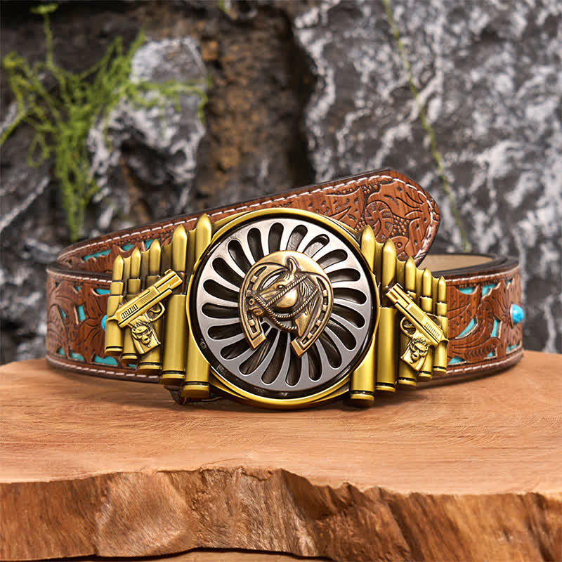 Cintura in pelle con fibbia a forma di ferro di cavallo in bronzo rotante fai da te con motivo a pistola e proiettile - Ferro di cavallo - Cintura intagliata turchese - 42 - image 3