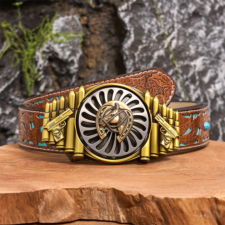 Cintura in pelle con fibbia a forma di ferro di cavallo in bronzo rotante fai da te con motivo a pistola e proiettile - Ferro di cavallo - Cintura intagliata turchese - 42 - image 3
