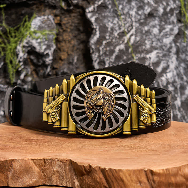 Cintura in pelle con fibbia a forma di ferro di cavallo in bronzo rotante fai da te con motivo a pistola e proiettile - Ferro di cavallo - Cintura con aquila in rilievo nera - 42 - image 3