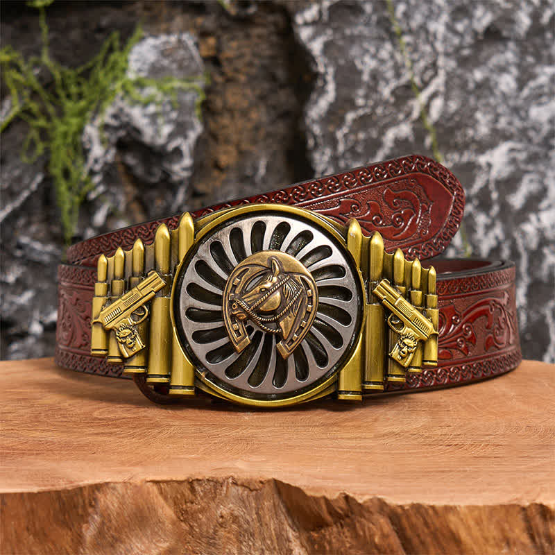 Cintura in pelle con fibbia a forma di ferro di cavallo in bronzo rotante fai da te con motivo a pistola e proiettile - Ferro di cavallo - Cintura marrone intagliata - 42 - image 7