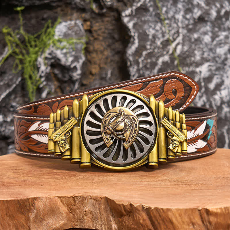 Cintura in pelle con fibbia a forma di ferro di cavallo in bronzo rotante fai da te con motivo a pistola e proiettile - Ferro di cavallo - Cintura di piume marroni - 40 - image 8