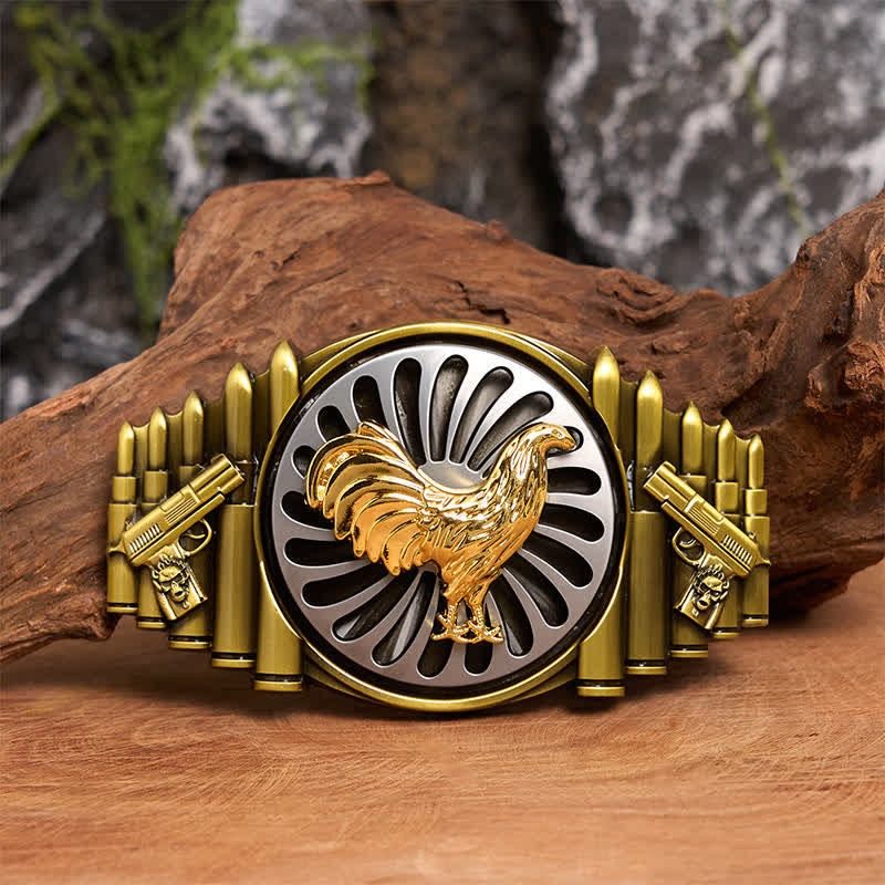 Cintura in pelle con fibbia girevole fai da te con motivo a pistola e proiettile a forma di gallo in bronzo - Gallo - Senza cintura - Cintura non inclusa - image 1